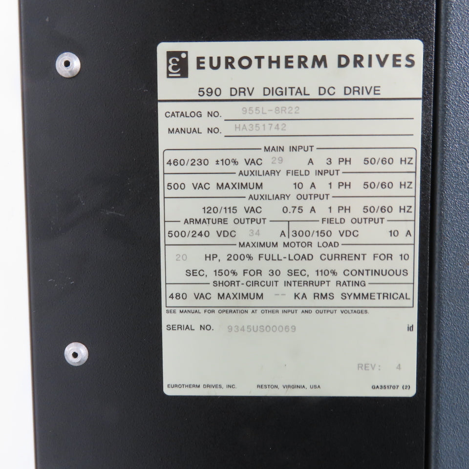 Eurotherm 955L-8R22 590 DRV DC Drive 500/240VDC 34A 20HP Out +590LDC/00/000
