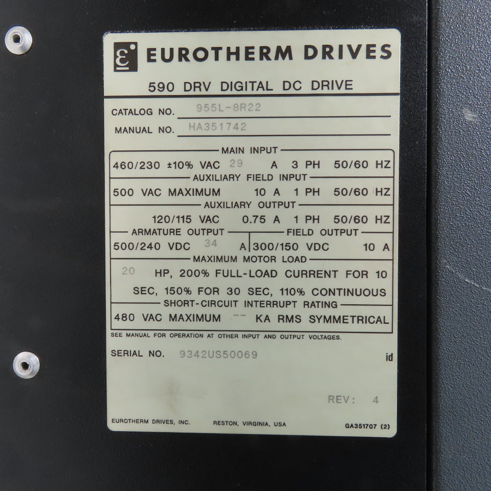 Eurotherm 955L-8R22 590 DRV DC Drive 500/240VDC 34A 20HP Out + 590LDC/00/000