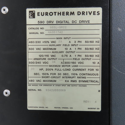 Eurotherm 955L-8R22 590 DRV DC Drive 500/240VDC 34A 20HP Out + 590LDC/00/000
