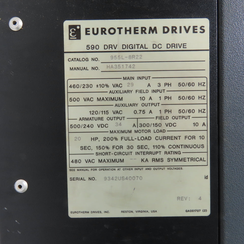 Eurotherm 955L-8R22 590 DRV DC Drive 34A 20HP Out + 590LDC/00/000 Missing Parts