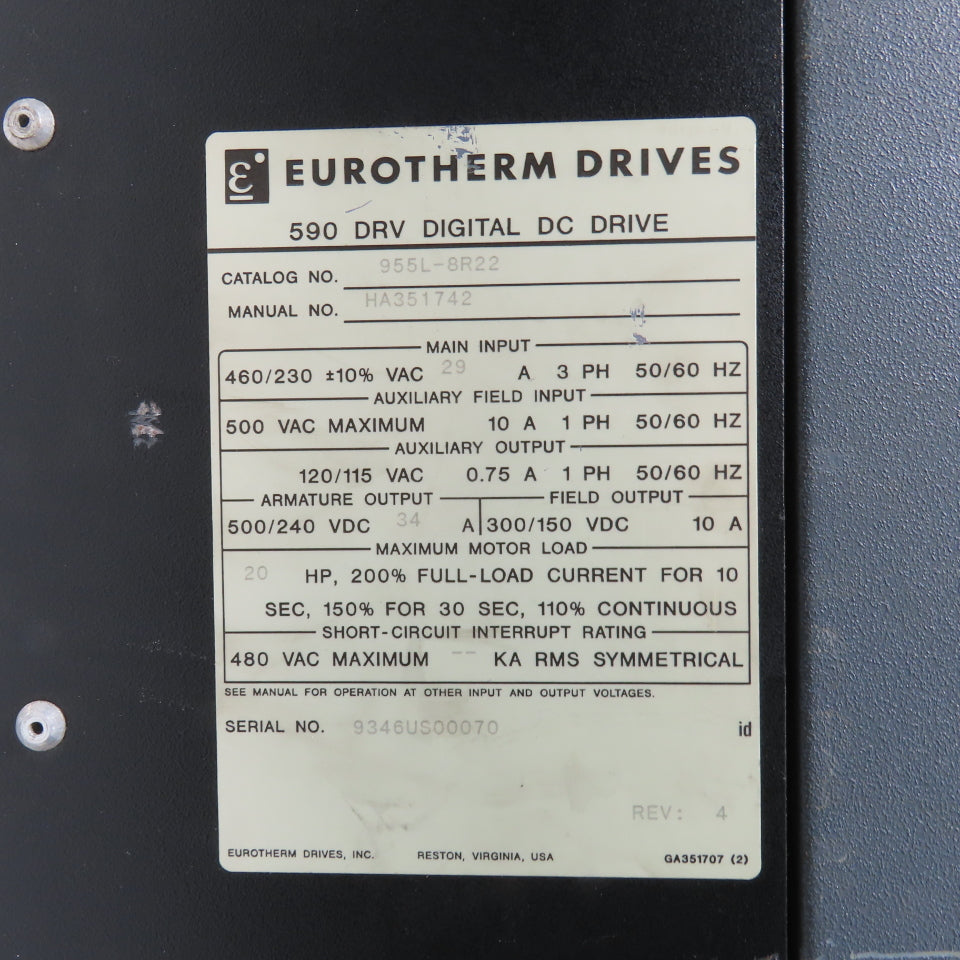 Eurotherm 955L-8R22 590 DRV DC Drive 34A 20HP Out + 590LDC/00/000