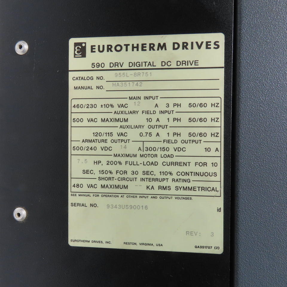 Eurotherm 955L-8R751 590 DRV DC Drive 14A 7.5HP Out + 590LDC/00/000