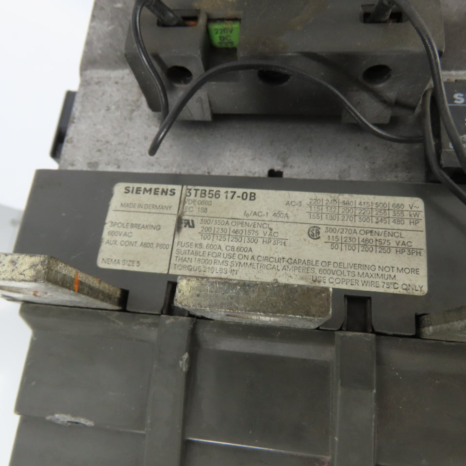 Siemens 3TB56 17-0B 400A 3-Pole NEMA Size 5 AC Contactor 600V