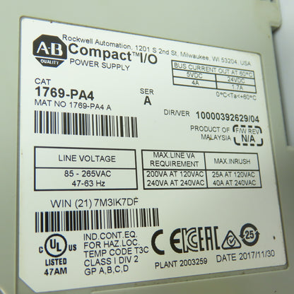 Allen-Bradley 1769-PA4 Compact I/O Power Supply Ser A 85-265VAC