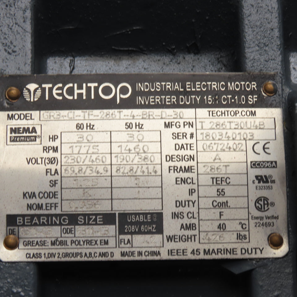 Techtop GR3-CI-TF-286T-4-BR-D-30 30HP Electric Motor 230/460V 1775RPM 286T Frame