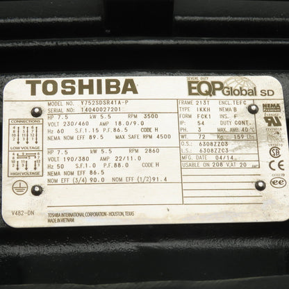 Toshiba Y752SDSR41A-P 7.5HP Electric Motor 230/460V 3500RPM 213T Frame
