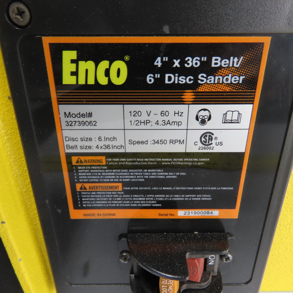 Enco 32739062 36" x 4" Horizontal & Vertical Sander W/ 6" Disc 120V 1Ph 1/2HP