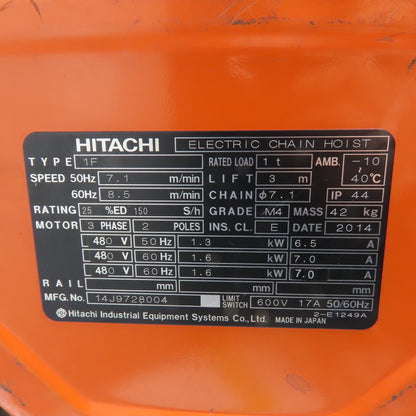 Hitachi 1F 1 Ton 2000LB Electric Chain Hoist 480V 3Ph 3m Lift 8.5m/min