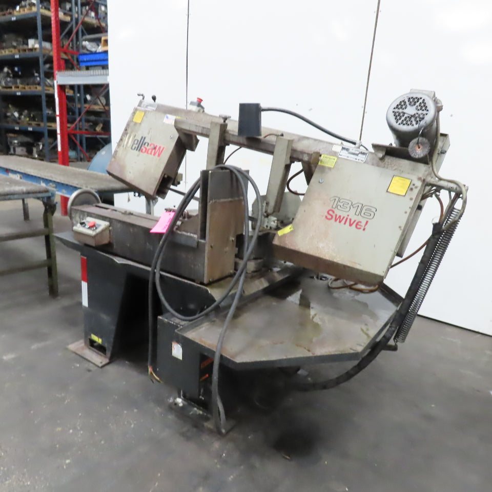 Wellsaw 1316 Swivel Head Miter Cut Band Saw 480V 3Ph W/ In/Out Feed Conveyors