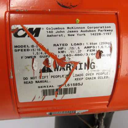 CM Lodestar B-2 1/4 Ton Electric Chain Hoist 480V 3Ph 10' Lift 5/16FPM 2-Speed