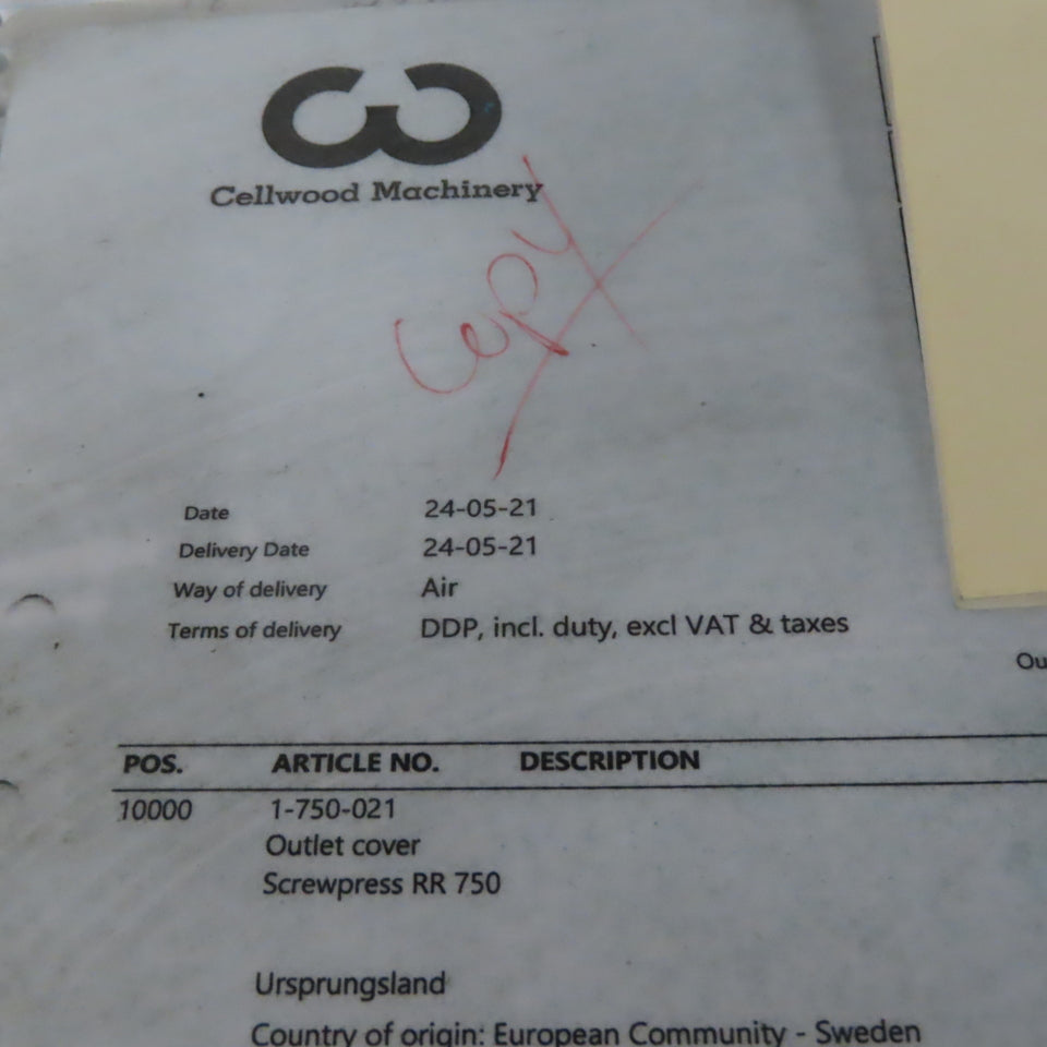 Cellwood Machinery Krima Type RR750 Stainless Steel Screwpress Outlet Cover