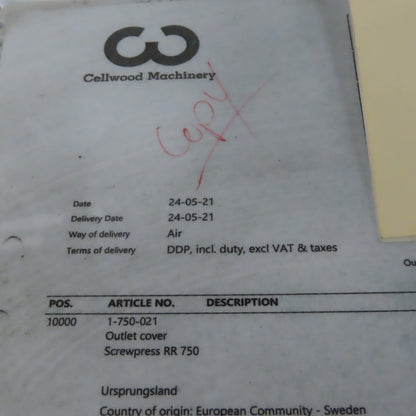 Cellwood Machinery Krima Type RR750 Stainless Steel Screwpress Outlet Cover