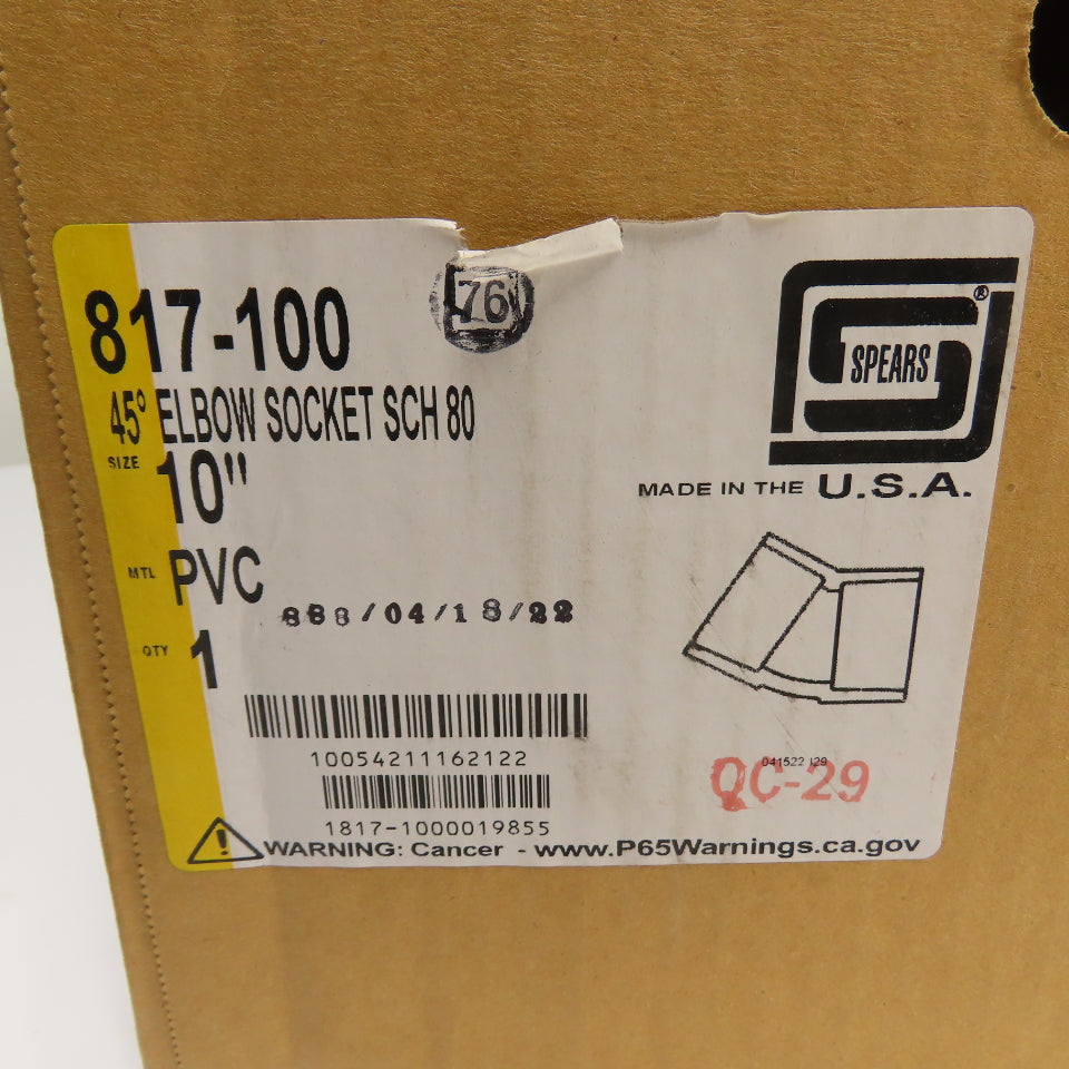 Spears 817-100 10" PVC Schedule 80 45° Elbow Pipe Fitting NEW