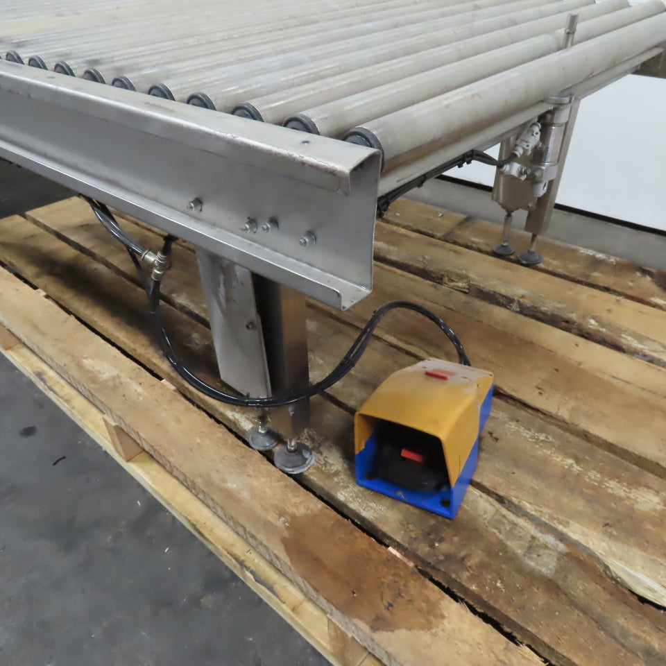 Stainless Steel Gravity Roller Conveyor W/ Pneumatic Incline 122" Long