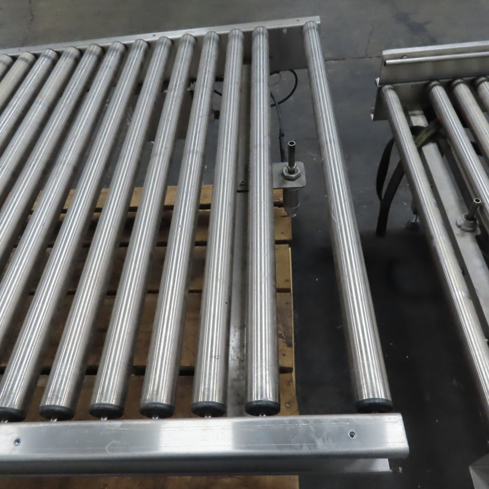 Stainless Steel Gravity Roller Conveyor W/ Pneumatic Incline 122" Long