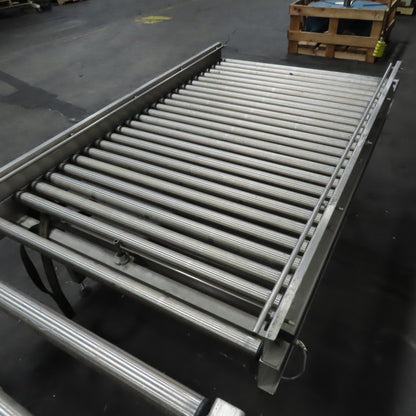 Stainless Steel Gravity Roller Conveyor W/ Pneumatic Incline 122" Long