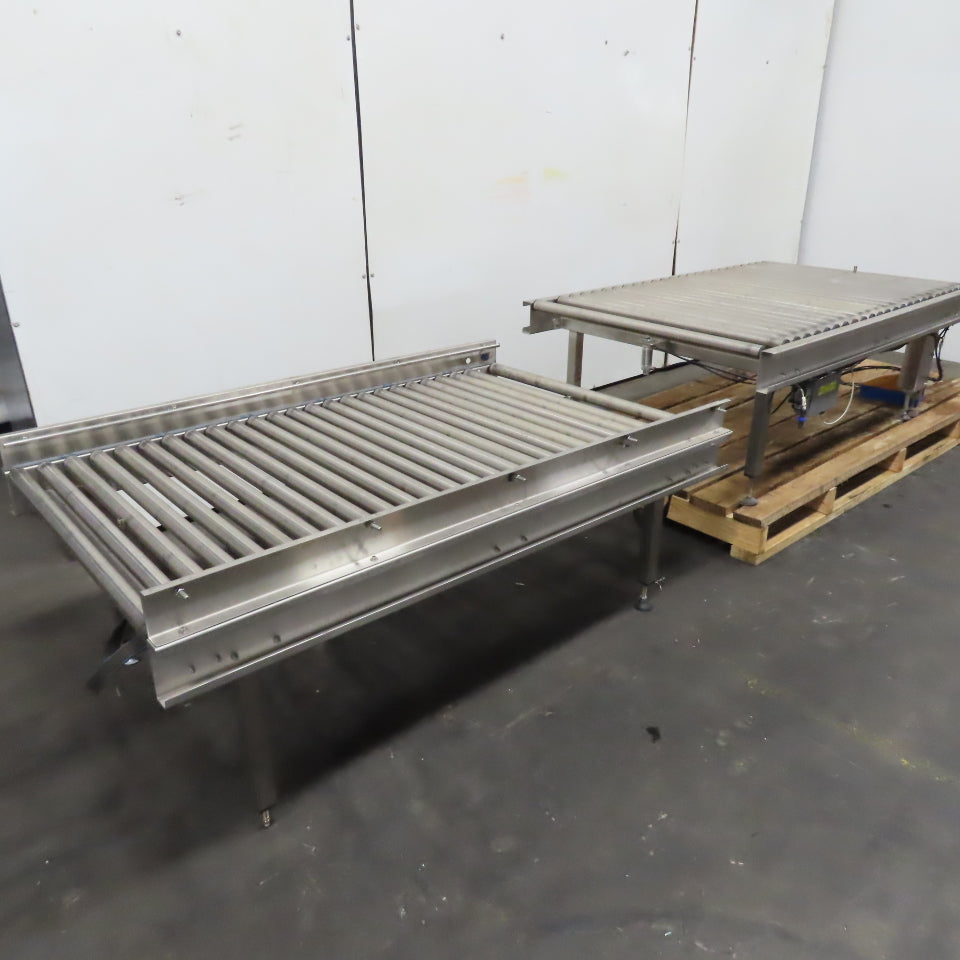 Stainless Steel Gravity Roller Conveyor W/ Pneumatic Incline 122" Long