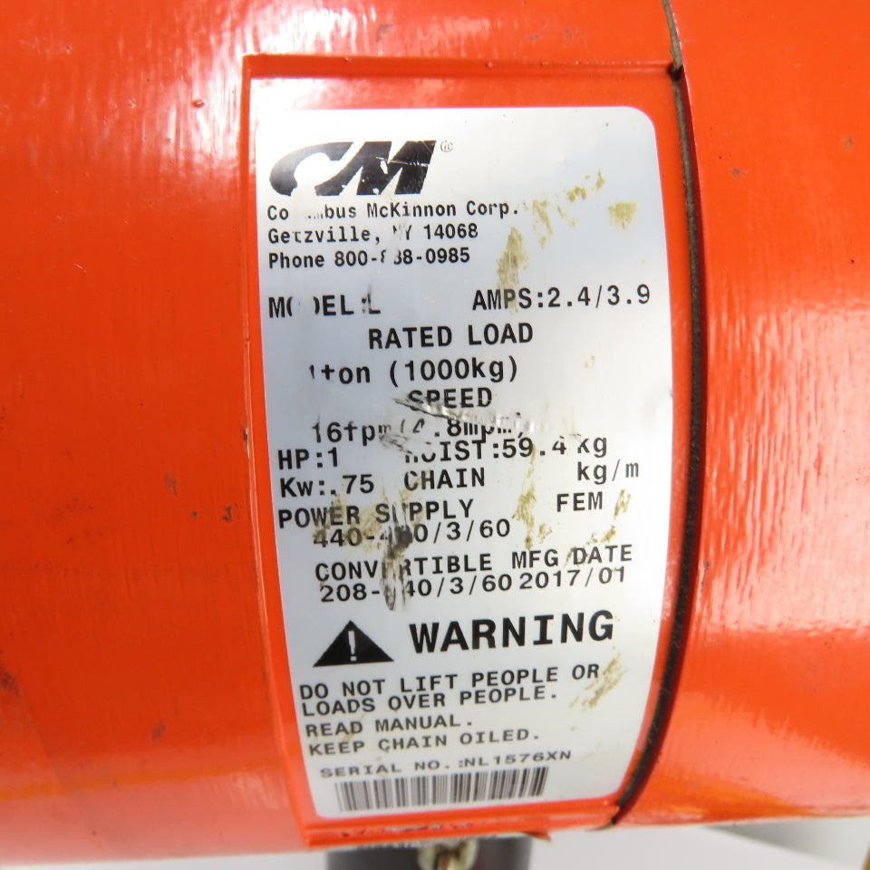CM Lodestar Model L 1Ton 2000LB Electric Chain Hoist 20' Lift 16FPM 3Ph 230/460V