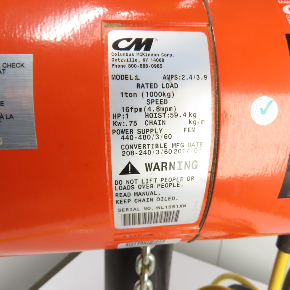 CM Lodestar Model L 1Ton 2000LB Electric Chain Hoist 20' Lift 16FPM 3Ph 230/460V