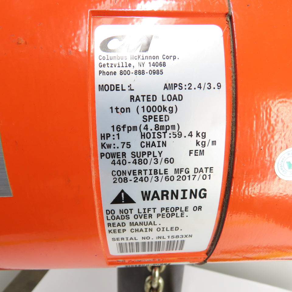 CM Lodestar Model L 1Ton 2000LB Electric Chain Hoist 20' Lift 16FPM 3Ph 230/460V
