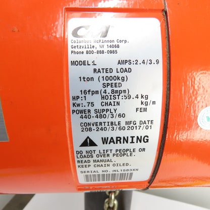 CM Lodestar Model L 1Ton 2000LB Electric Chain Hoist 20' Lift 16FPM 3Ph 230/460V