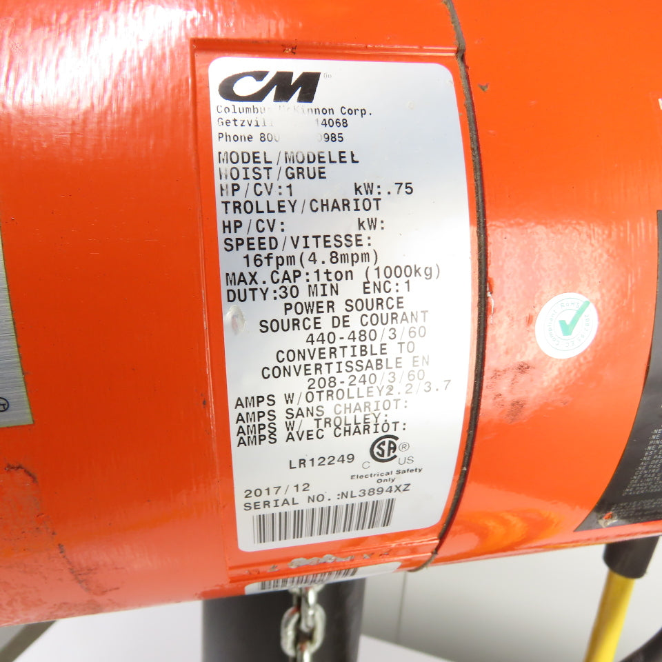 CM Lodestar Model L 1Ton 2000LB Electric Chain Hoist 20' Lift 16FPM 3Ph 230/460V