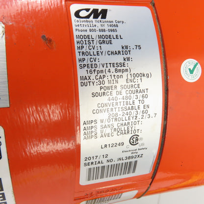 CM Lodestar Model L 1Ton 2000LB Electric Chain Hoist 20' Lift 16FPM 3Ph 230/460V