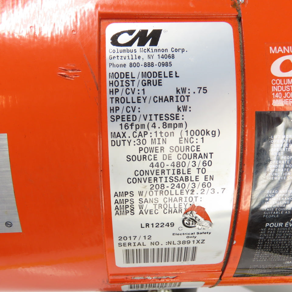 CM Lodestar Model L 1Ton 2000LB Electric Chain Hoist 20' Lift 16FPM 3Ph 230/460V