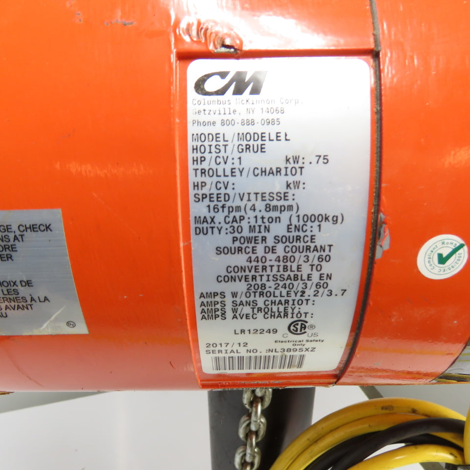 CM Lodestar Model L 1Ton 2000LB Electric Chain Hoist 20' Lift 16FPM 3Ph 230/460V