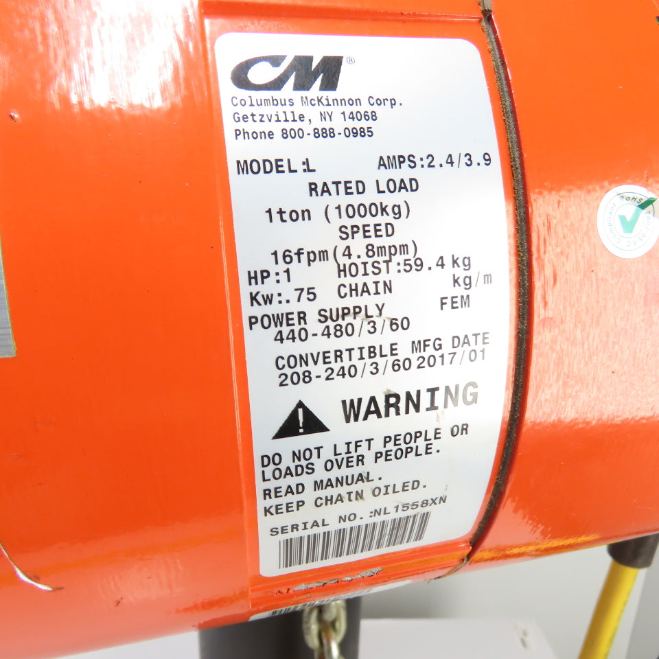 CM Lodestar Model L 1Ton 2000LB Electric Chain Hoist 20' Lift 16FPM 3Ph 230/460V