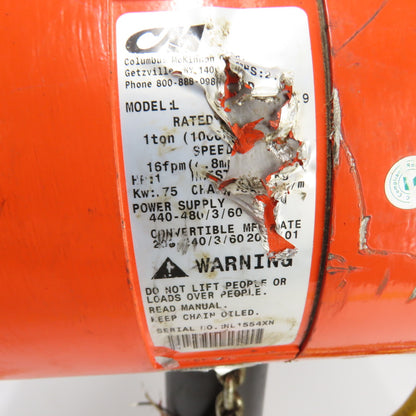 CM Lodestar Model L 1Ton 2000LB Electric Chain Hoist 20' Lift 16FPM 3Ph 230/460V