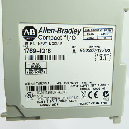 Allen-Bradley 1769-IQ16 16 PT Input Module Compact I/O 24VDC Ser A F/W Rev 3.1