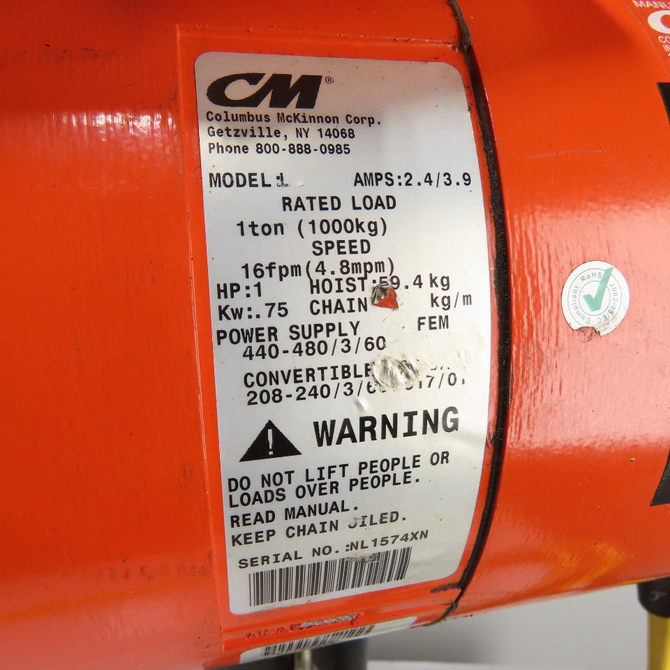CM Lodestar Model L 1Ton 2000LB Electric Chain Hoist 20' Lift 16FPM 3Ph 230/460V