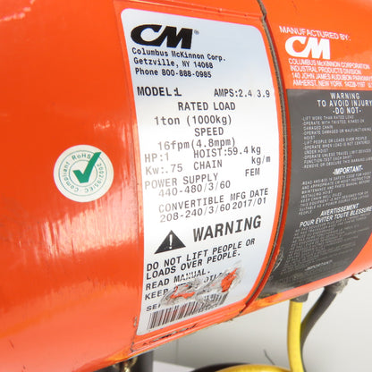 CM Lodestar Model L 1Ton 2000LB Electric Chain Hoist 20' Lift 16FPM 3Ph 230/460V