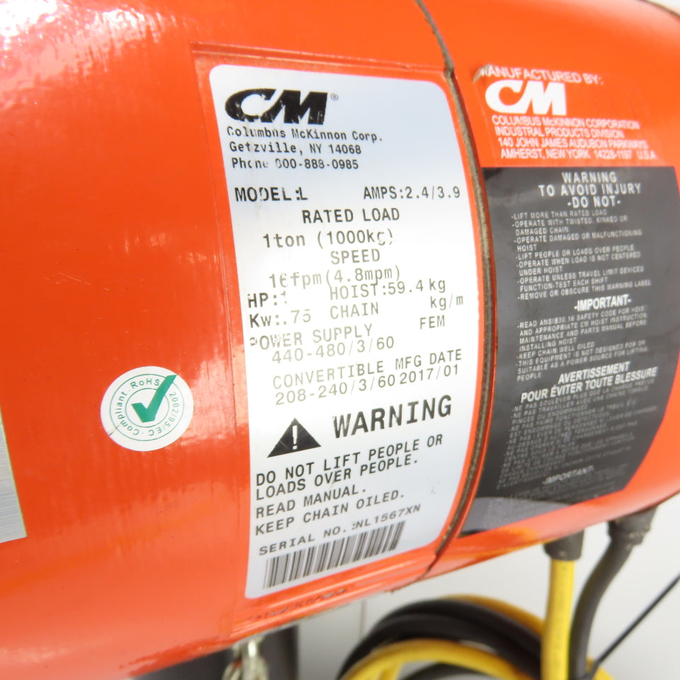 CM Lodestar Model L 1Ton 2000LB Electric Chain Hoist 20' Lift 16FPM 3Ph 230/460V