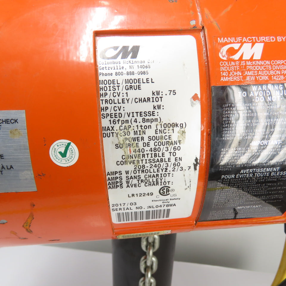 CM Lodestar Model L 1Ton 2000LB Electric Chain Hoist 20' Lift 16FPM 3Ph 230/460V