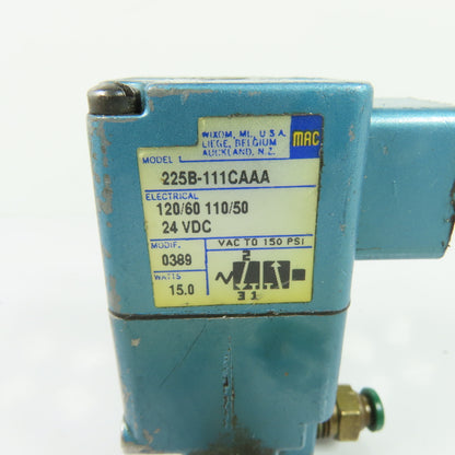MAC 225B-111CAAA 3-Way Solenoid Air Valve 110/120V 24VDC 150PSI