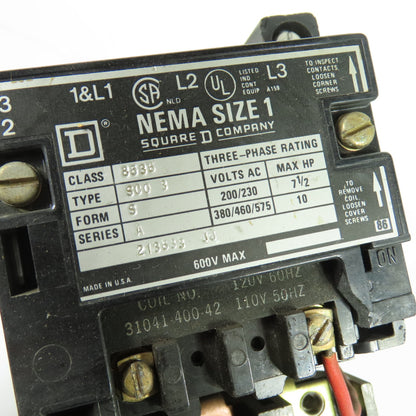 Square D 8536 SCO 3 NEMA Size 1 Magnetic Motor Starter 3Ph 120V Coil