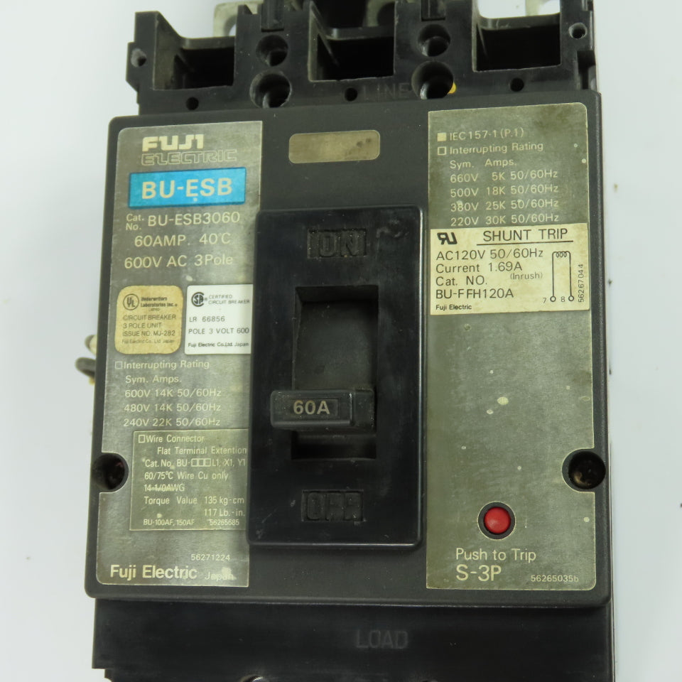 Fuji Electric BU-ESB3060 60A 600V 3-Pole Circuit Breaker 120V Shunt Trip