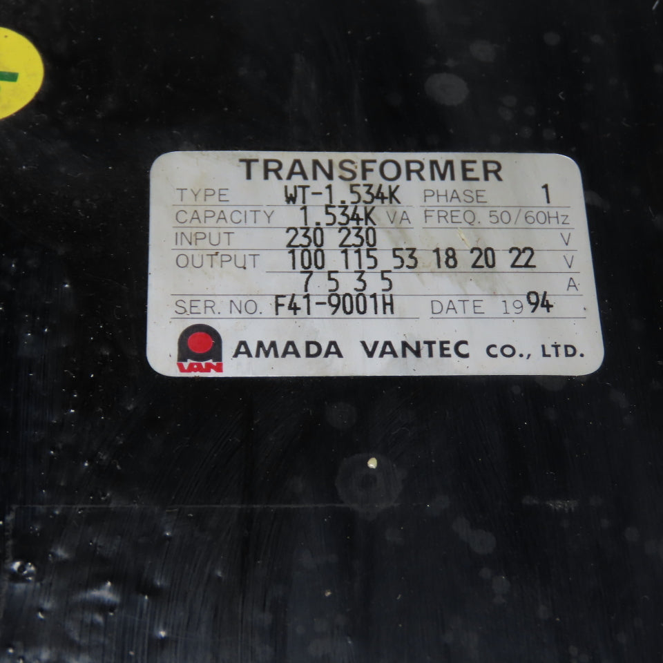 Amada Vantec WT-1.534K 1.534 kVA 1Ph Control Transformer 230V In 100-22V Out