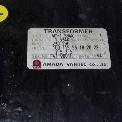Amada Vantec WT-1.534K 1.534 kVA 1Ph Control Transformer 230V In 100-22V Out