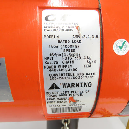 CM Lodestar Model L 1Ton 2000LB Electric Chain Hoist 20' Lift 16FPM 3Ph 230/460V