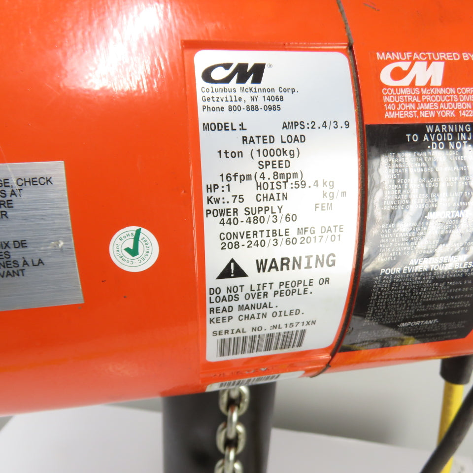 CM Lodestar Model L 1Ton 2000LB Electric Chain Hoist 20' Lift 16FPM 3Ph 230/460V