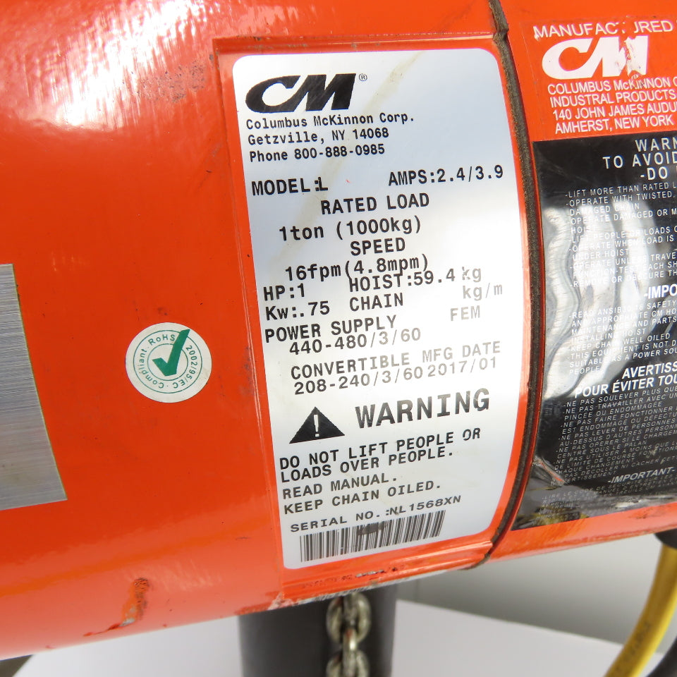 CM Lodestar Model L 1Ton 2000LB Electric Chain Hoist 20' Lift 16FPM 3Ph 230/460V
