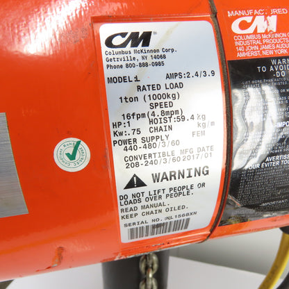 CM Lodestar Model L 1Ton 2000LB Electric Chain Hoist 20' Lift 16FPM 3Ph 230/460V