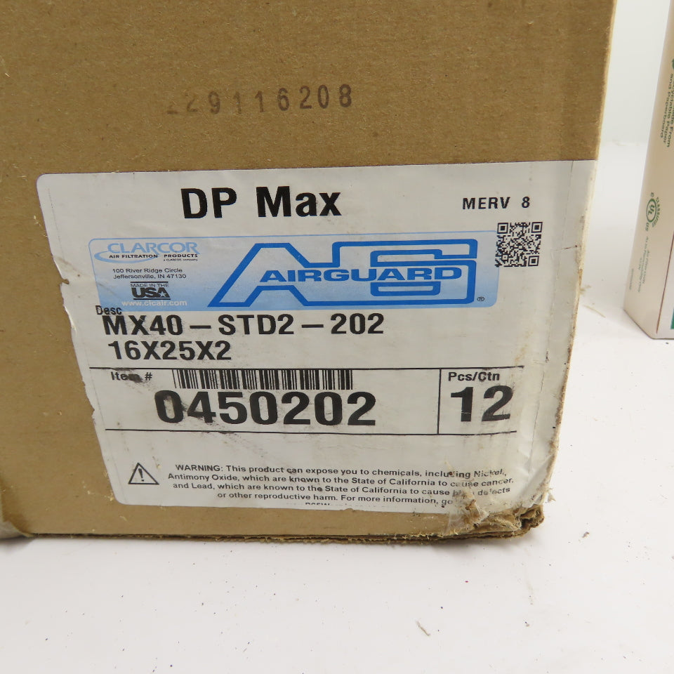 Airguard MX40-STD2-202 DP Max Pleated Air Filters 16x25x2 MERV 8 Case of 12