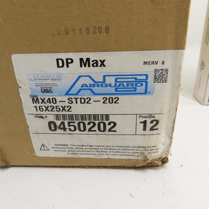 Airguard MX40-STD2-202 DP Max Pleated Air Filters 16x25x2 MERV 8 Case of 12
