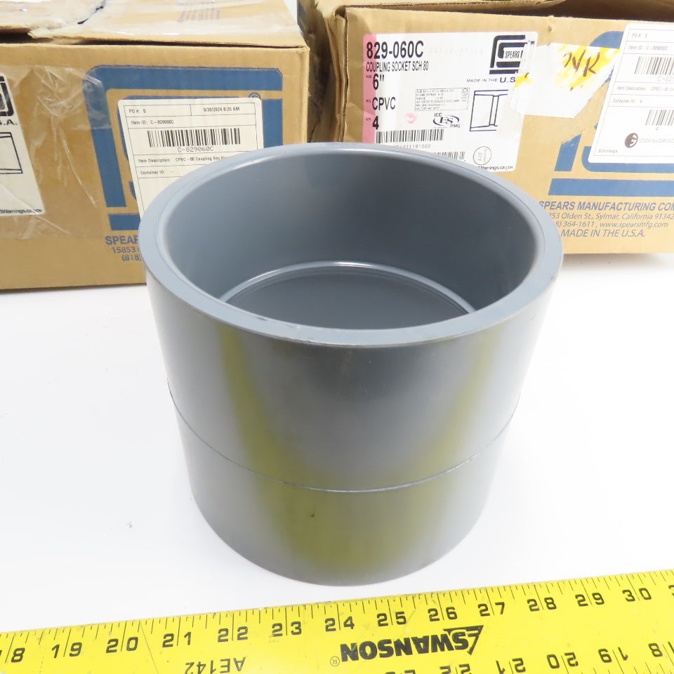 Spears 829-060C 6" x 6" CPVC Coupling Sch 80 Gray Pipe Fitting Slip x Slip Lot/6