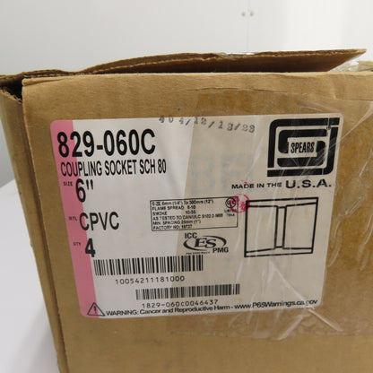 Spears 829-060C 6" x 6" CPVC Coupling Sch 80 Gray Pipe Fitting Slip x Slip Lot/6