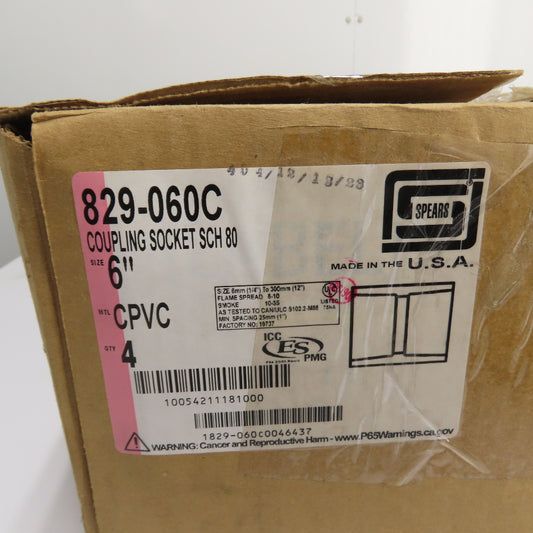 Spears 829-060C 6" x 6" CPVC Coupling Sch 80 Gray Pipe Fitting Slip x Slip Lot/6